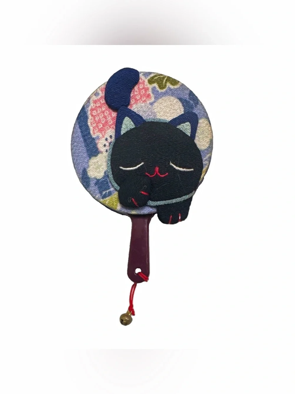 Round Handheld Mirror with Fabric Cover, Burgundy Handle, Cat Design
